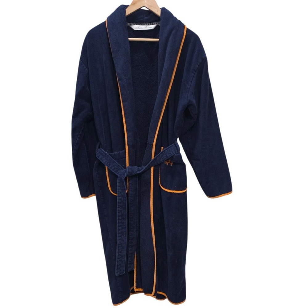 Brooks Brothers Turkish Cotton Bathrobe Mens OS Navy Blue Orange Trim Logo